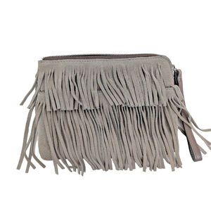 Patricia Nash Leather Suede Fringe Wristlet Gray Western Cowboy